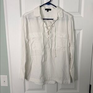 Aqua White Lace-Up Front Long Sleeve Blouse